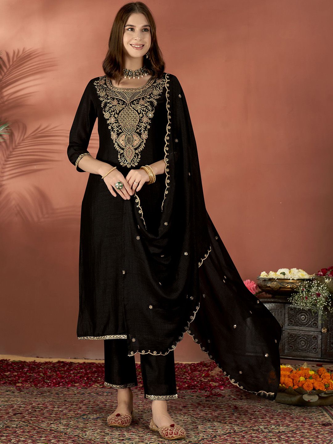 Black Embroidered Vichitra Suit Set with Dupatta