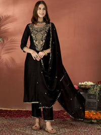 Black Embroidered Vichitra Suit Set with Dupatta