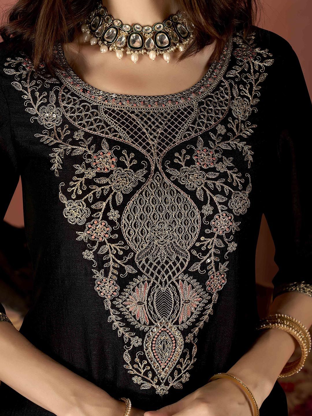 Black Embroidered Vichitra Suit Set with Dupatta