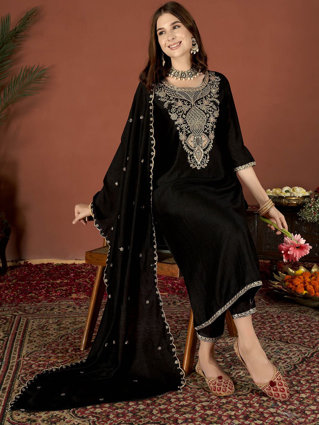 Black Embroidered Vichitra Suit Set with Dupatta