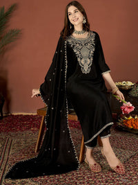 Black Embroidered Vichitra Suit Set with Dupatta