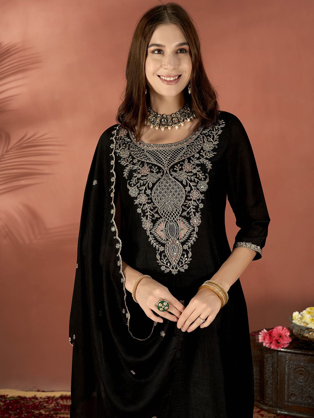 Black Embroidered Vichitra Suit Set with Dupatta