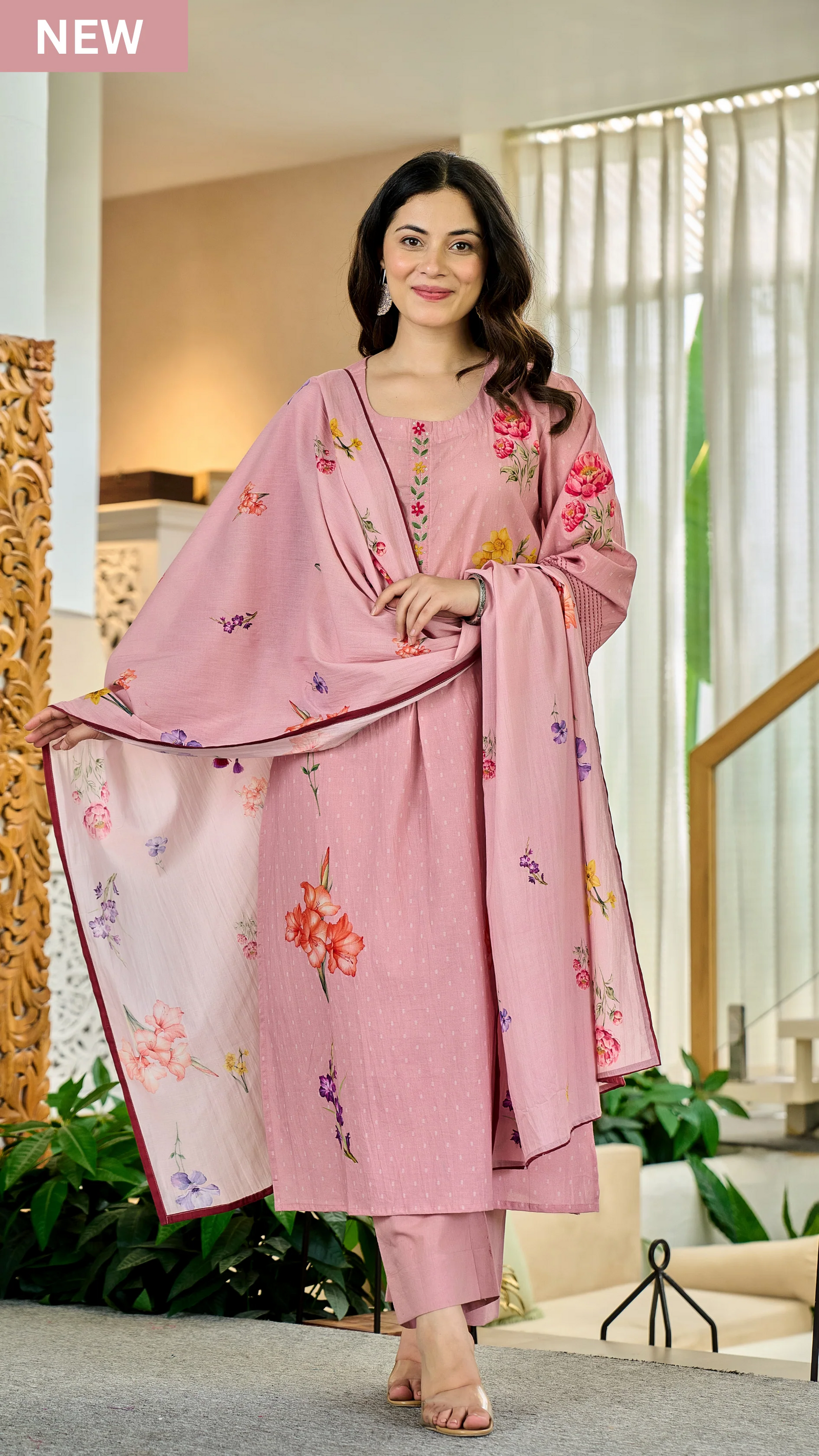 Pink Chanderi Butti Printed Kurti Set