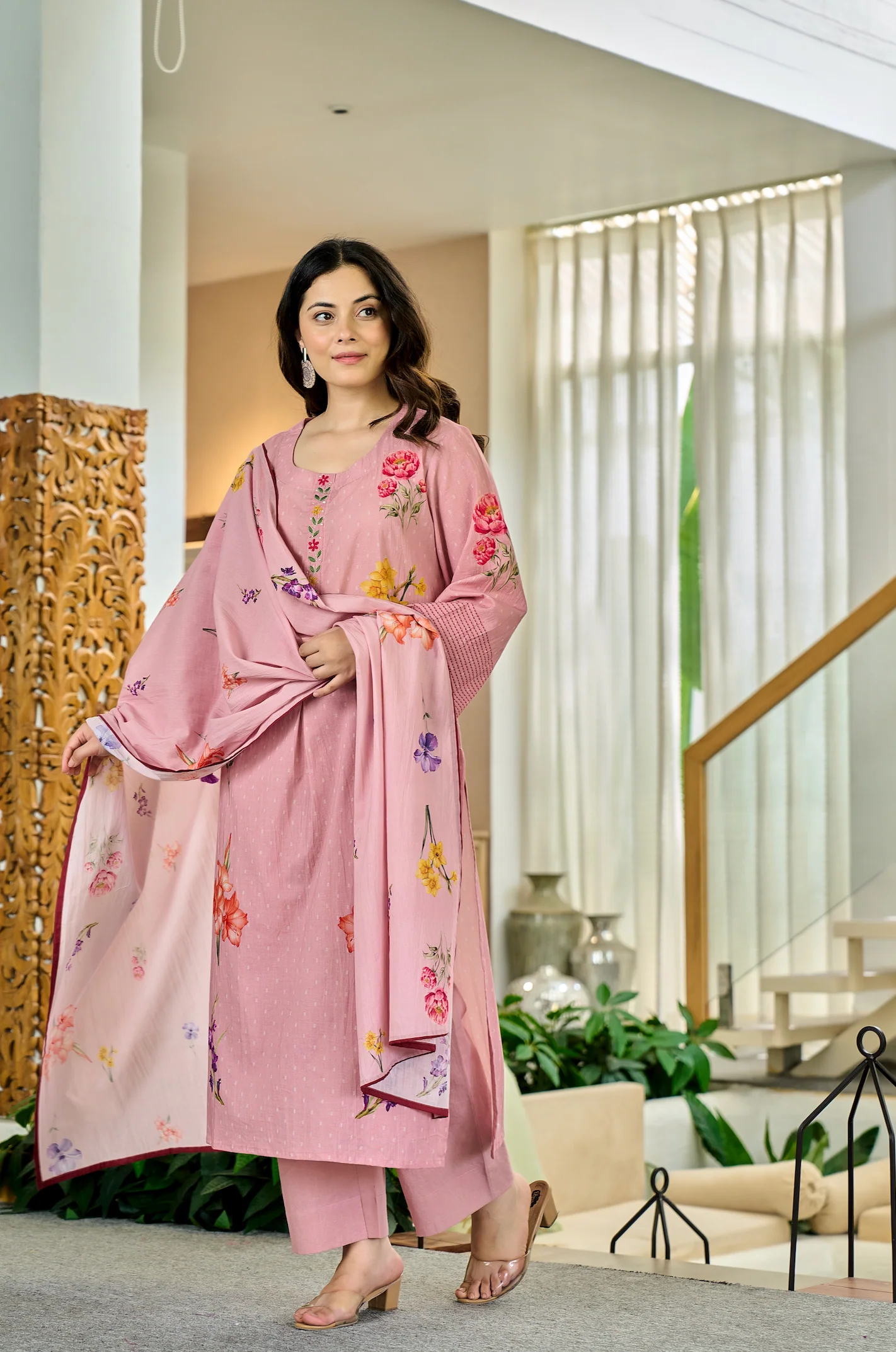 Pink Chanderi Butti Printed Kurti Set