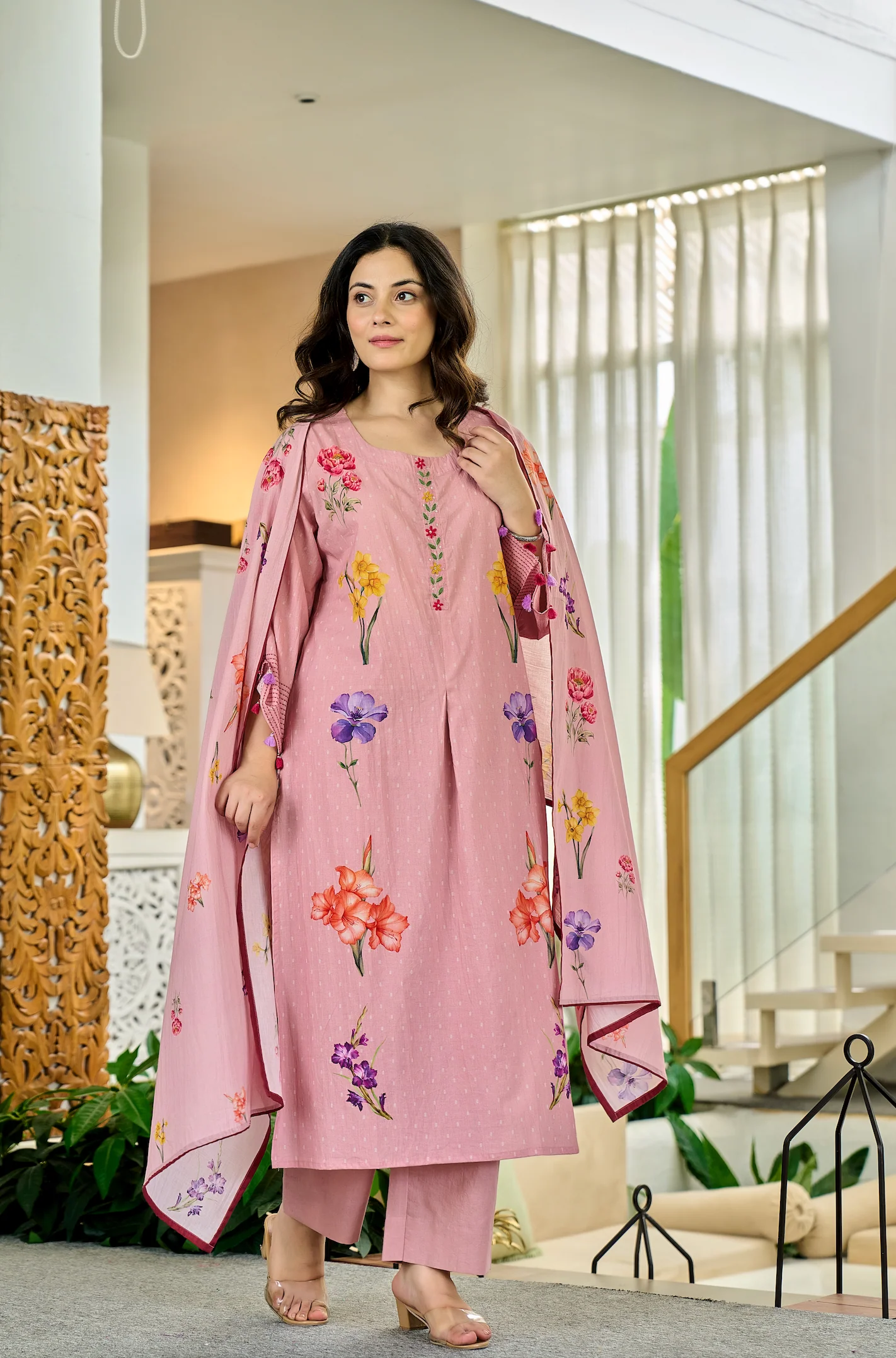 Pink Chanderi Butti Printed Kurti Set