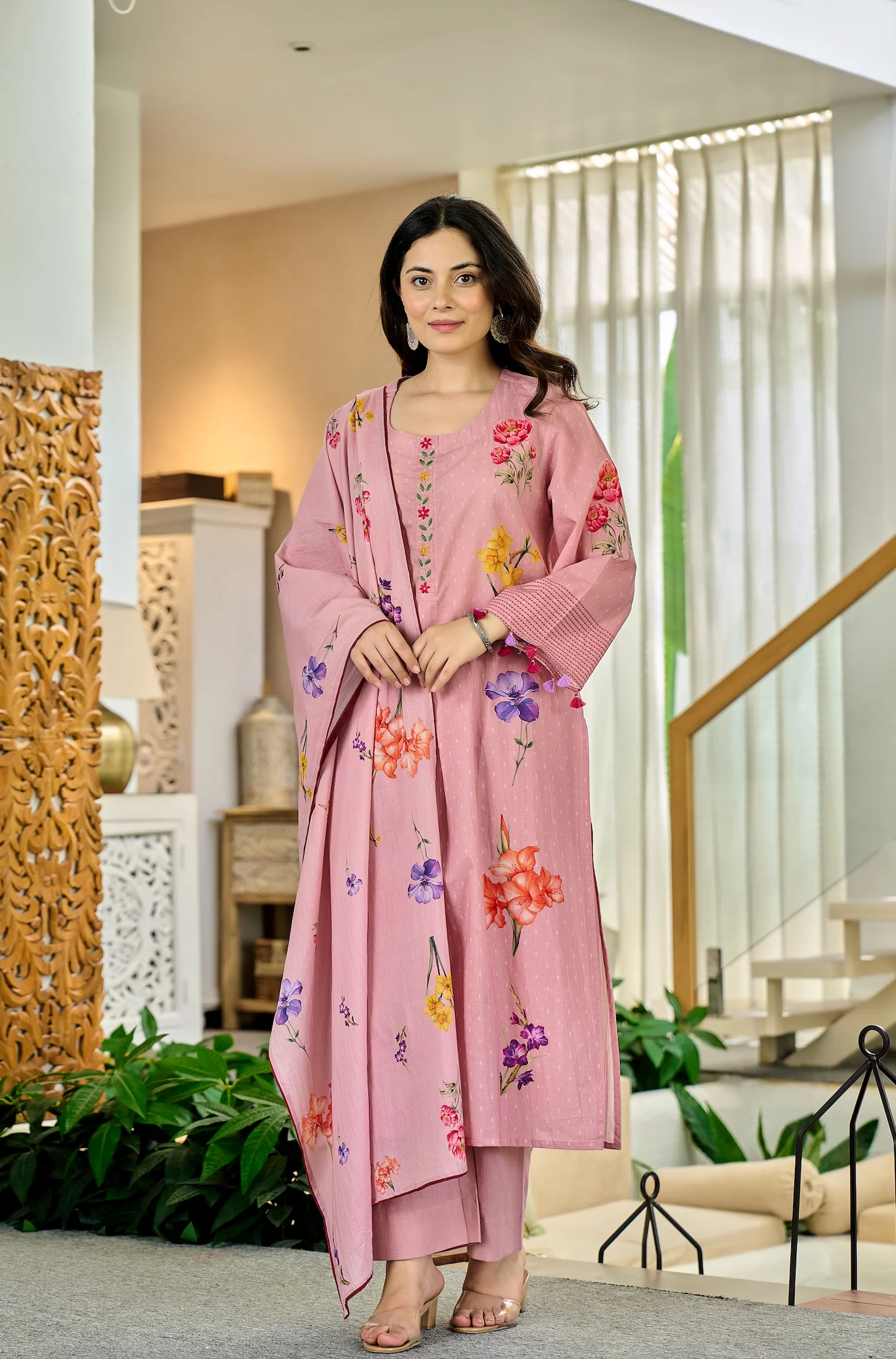 Pink Chanderi Butti Printed Kurti Set