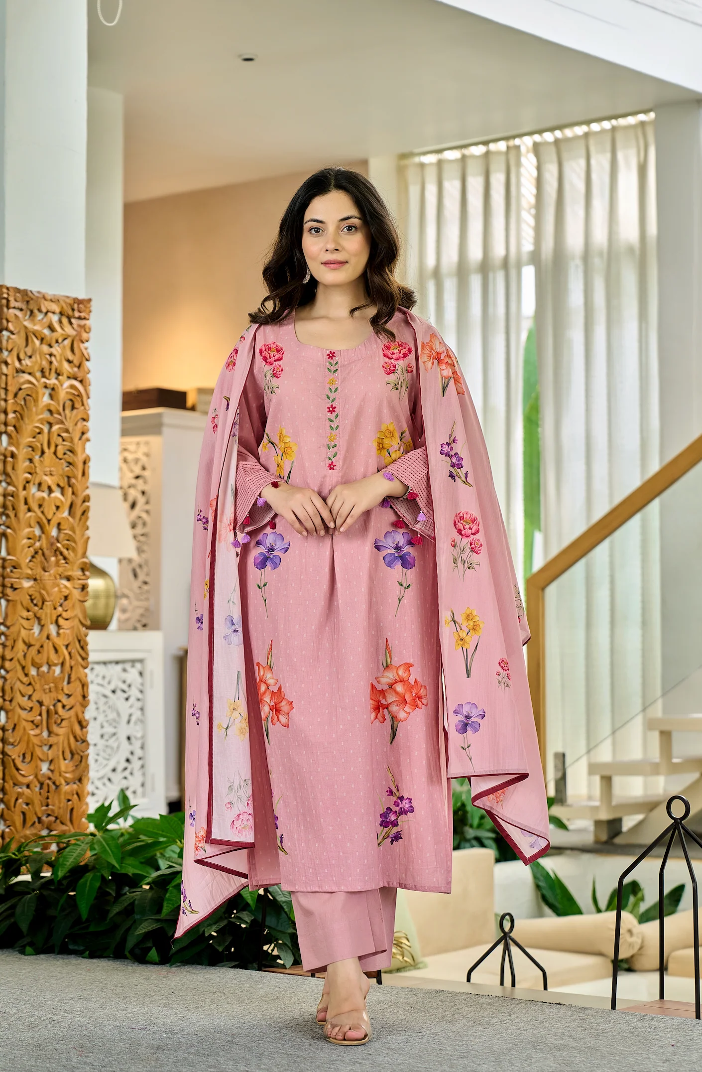 Pink Chanderi Butti Printed Kurti Set