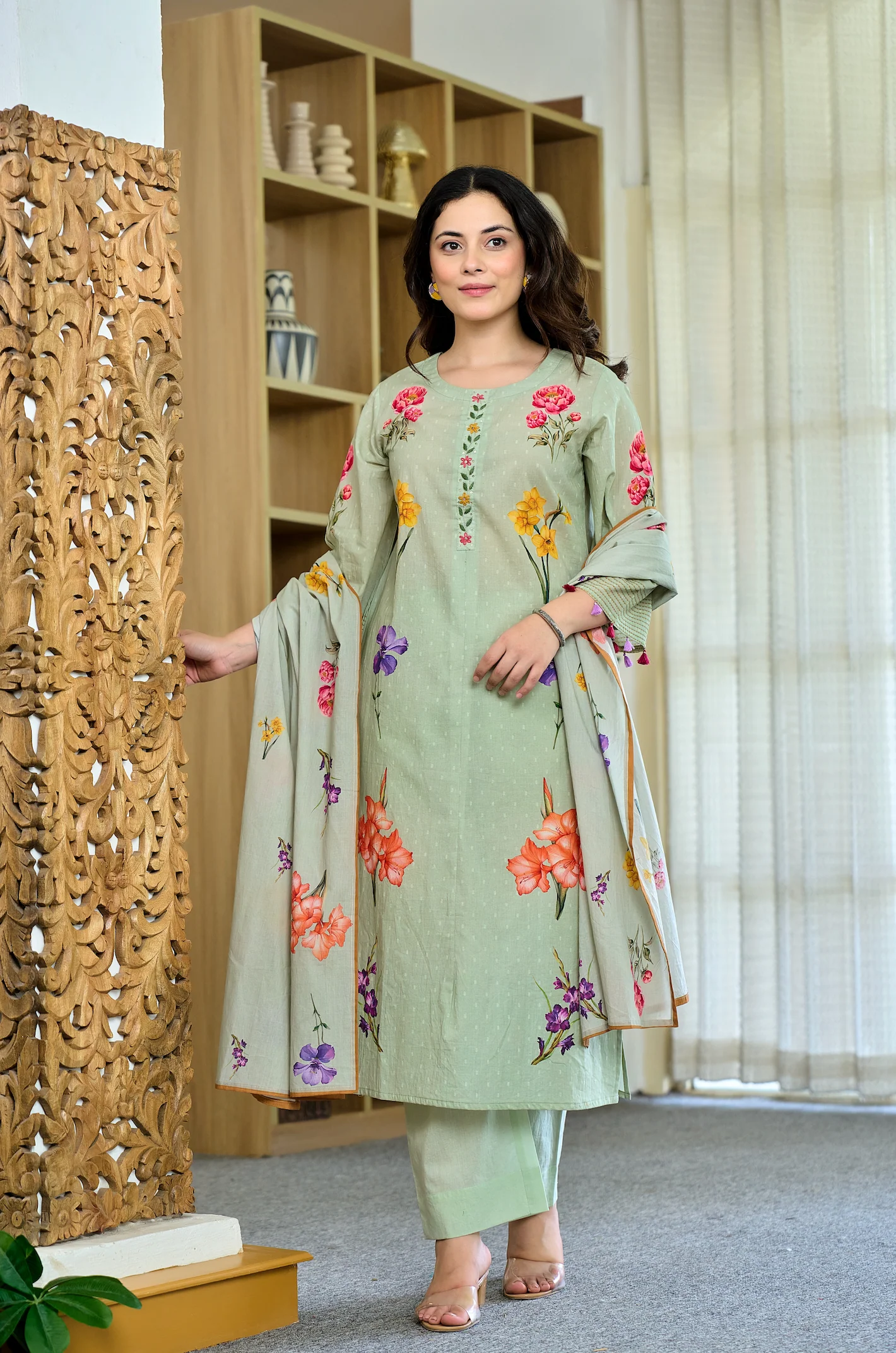 Pista Chanderi Butti Printed Kurti Set