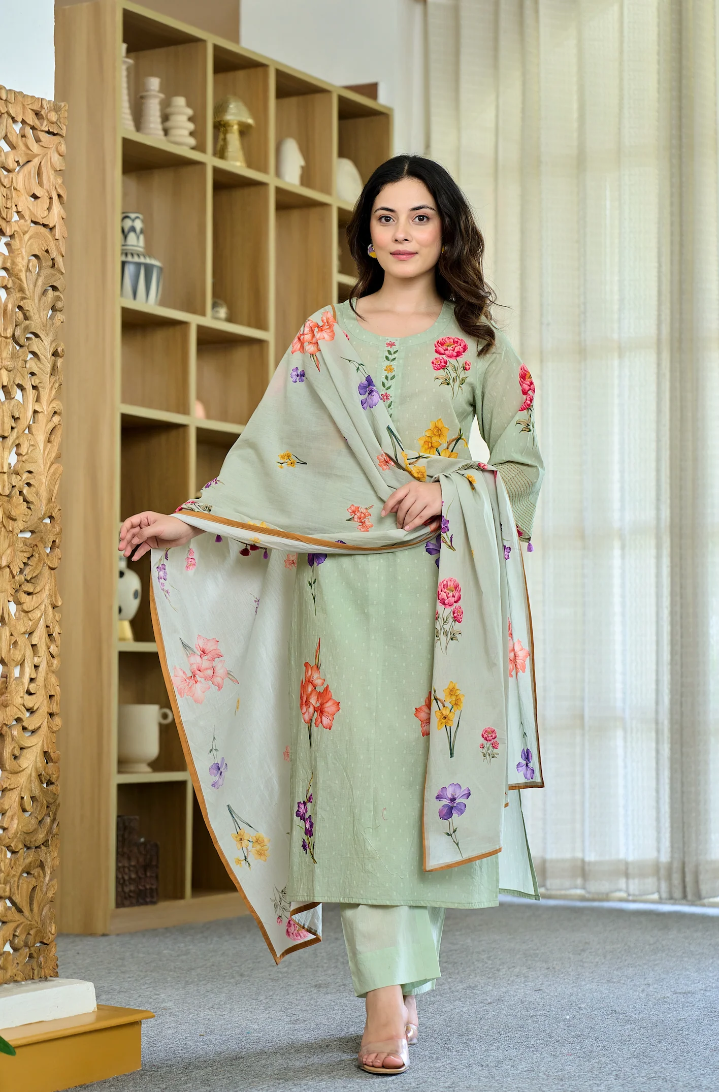 Pista Chanderi Butti Printed Kurti Set