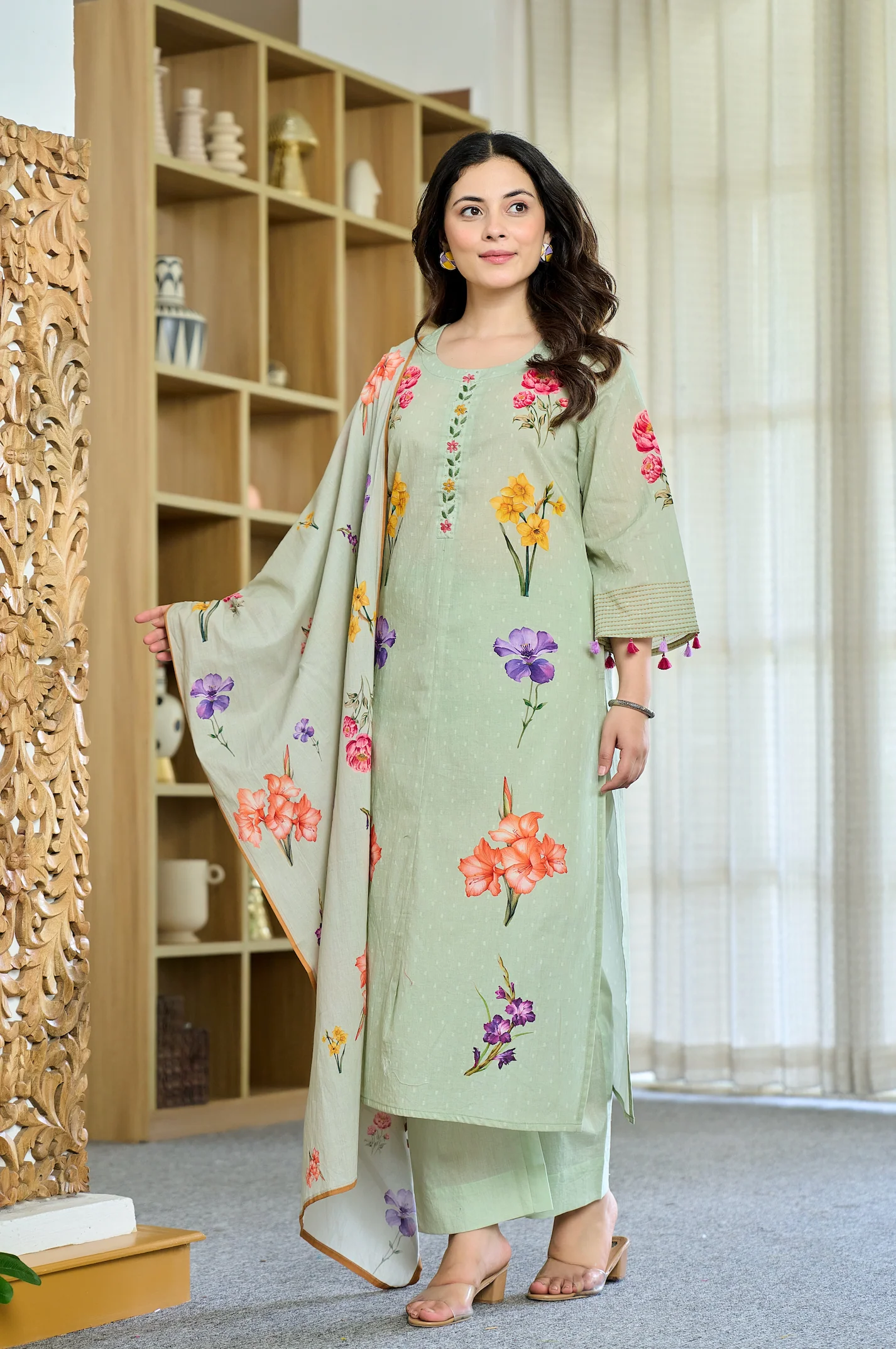 Pista Chanderi Butti Printed Kurti Set