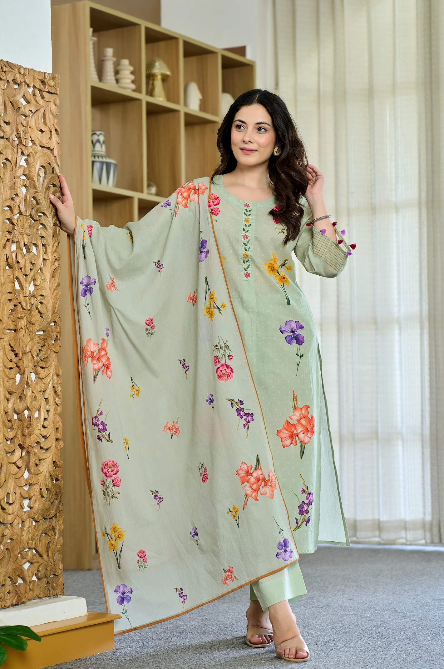 Pista Chanderi Butti Printed Kurti Set