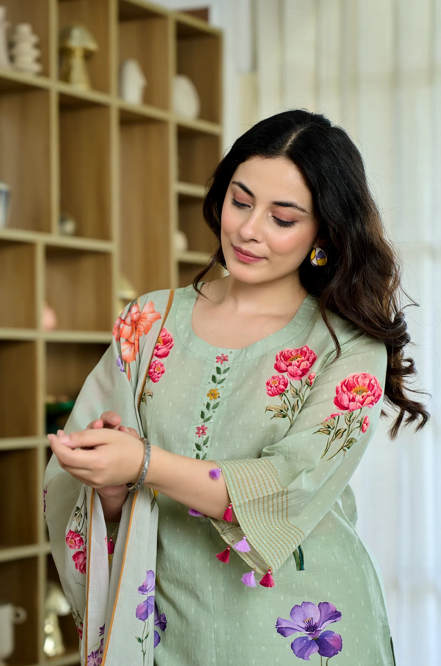 Pista Chanderi Butti Printed Kurti Set