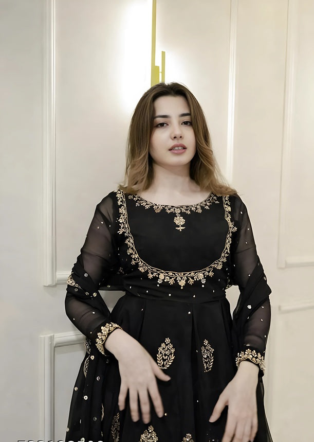 Black Georgette Embroidered Anarkali Set