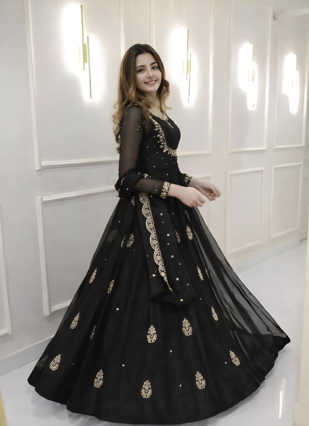 Black Georgette Embroidered Anarkali Set