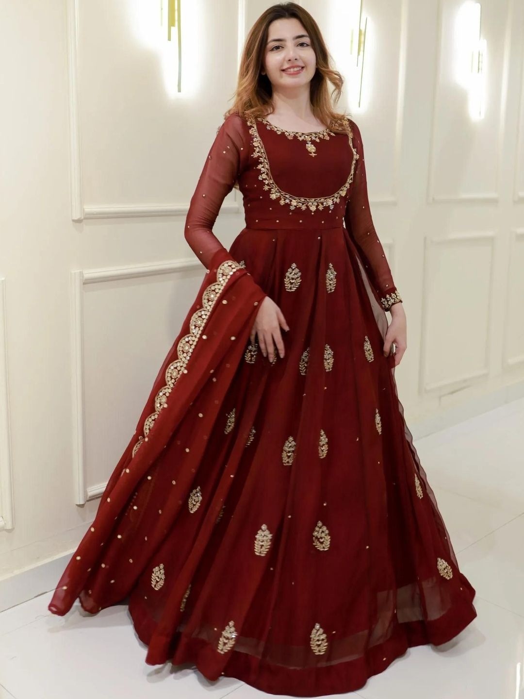 Maroon Georgette Embroidered Anarkali Set