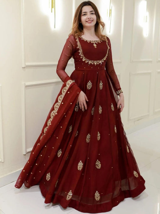 Maroon Georgette Embroidered Anarkali Set