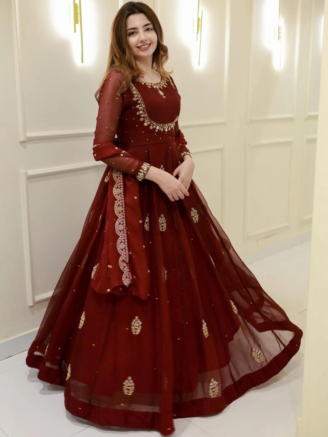 Maroon Georgette Embroidered Anarkali Set