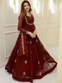 Maroon Georgette Embroidered Anarkali Set