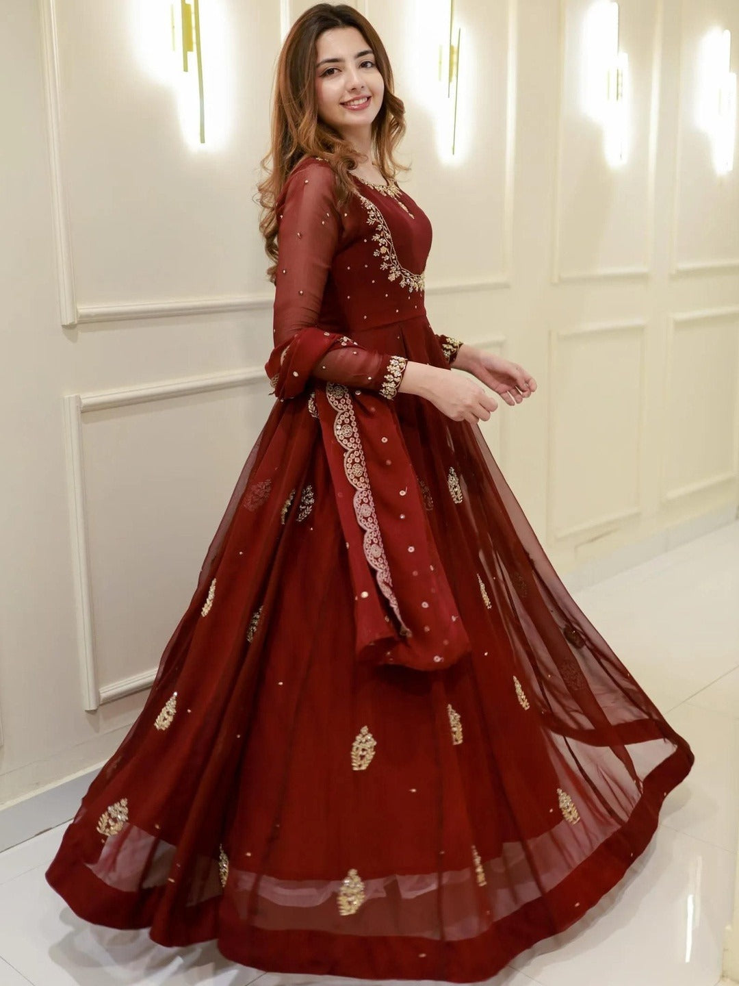 Maroon Georgette Embroidered Anarkali Set