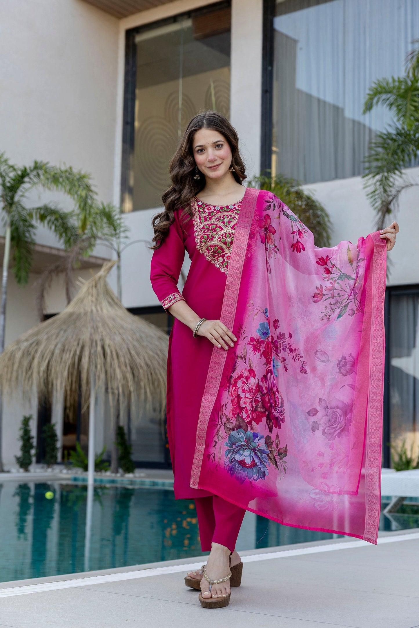 Magenta P.V. Chanderi Embroidered Kurti Set