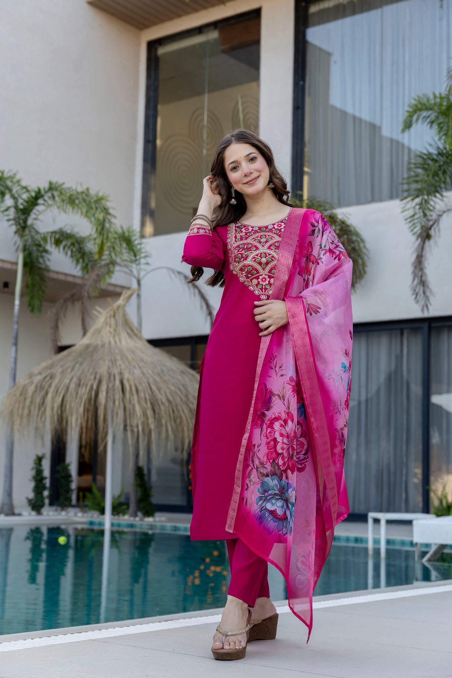 Magenta P.V. Chanderi Embroidered Kurti Set