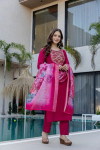 Magenta P.V. Chanderi Embroidered Kurti Set
