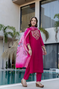 Magenta P.V. Chanderi Embroidered Kurti Set
