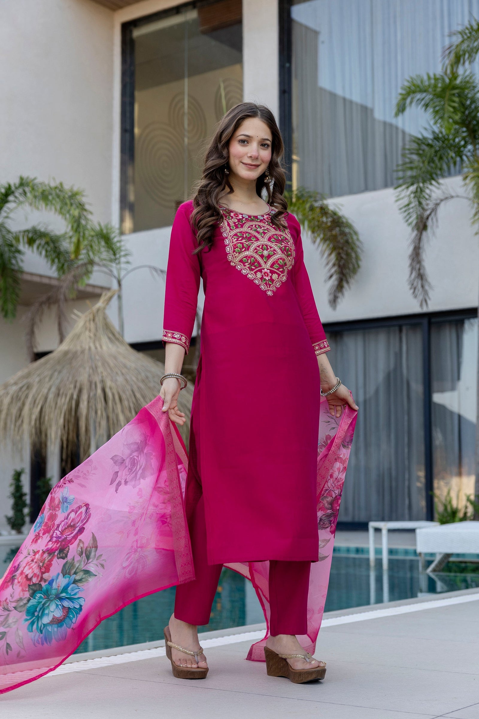 Magenta P.V. Chanderi Embroidered Kurti Set