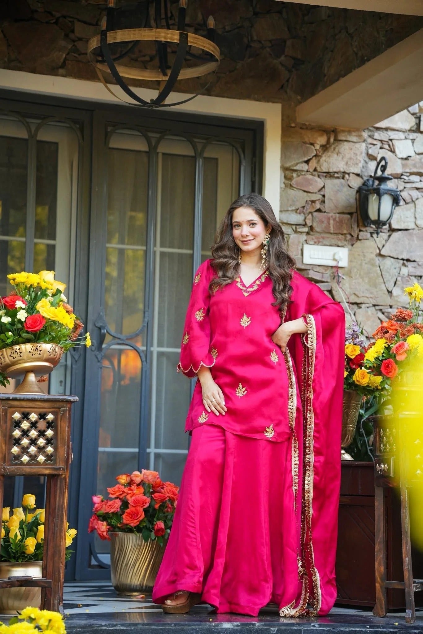 Rani Pink Embroidered Frendy Silk Palazzo Set