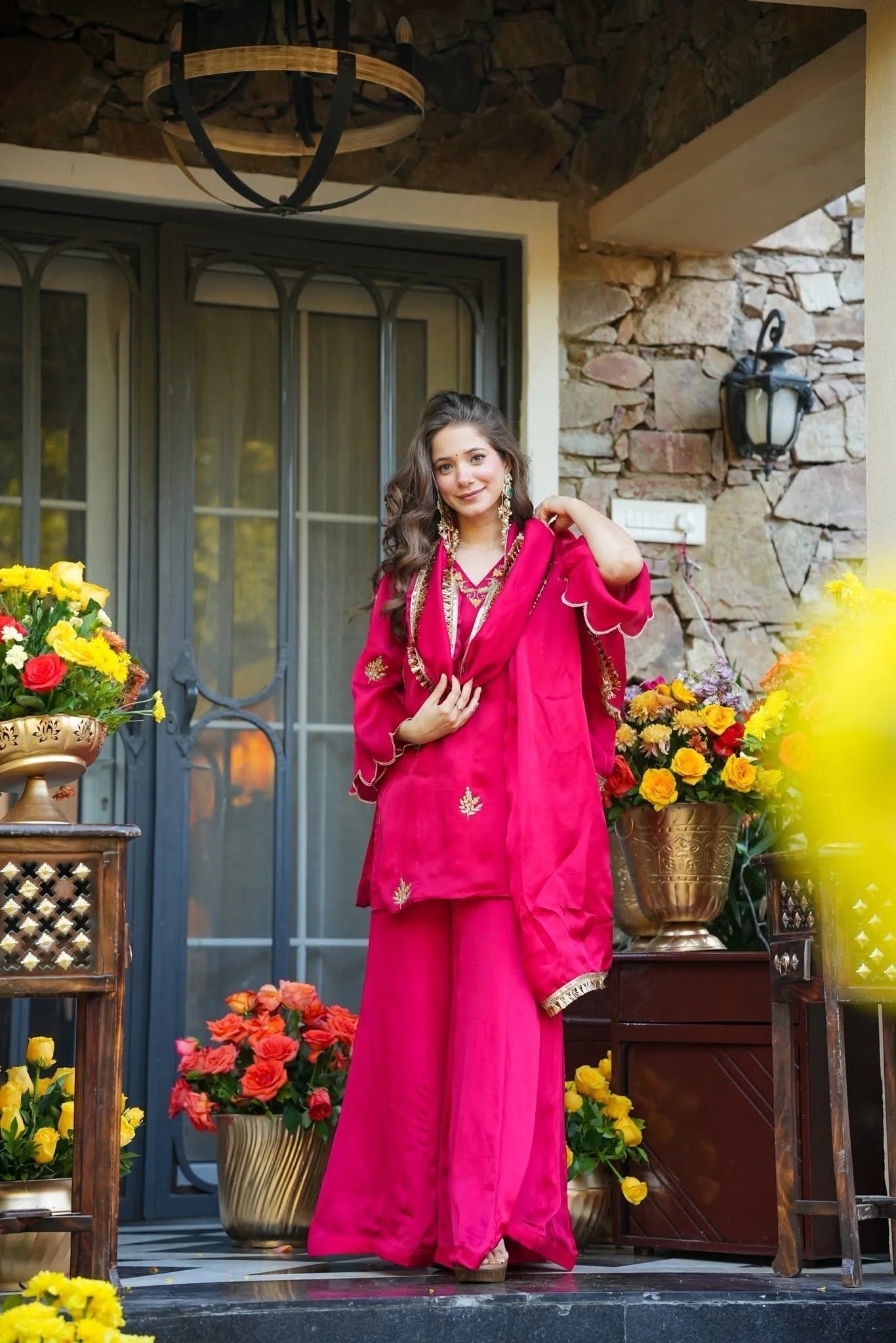 Rani Pink Embroidered Frendy Silk Palazzo Set