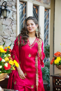 Rani Pink Embroidered Frendy Silk Palazzo Set