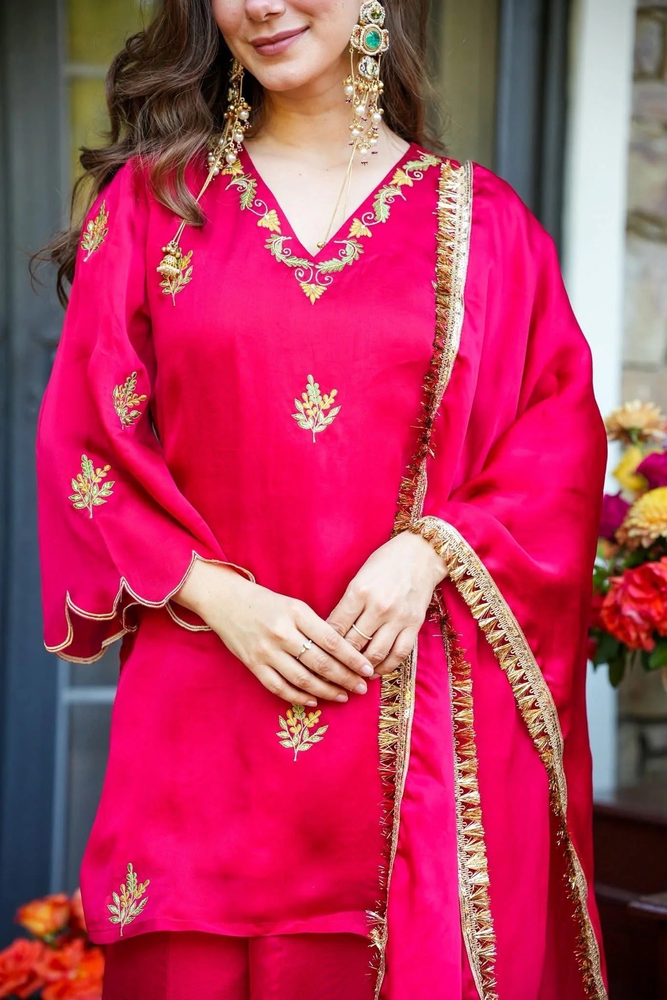 Rani Pink Embroidered Frendy Silk Palazzo Set