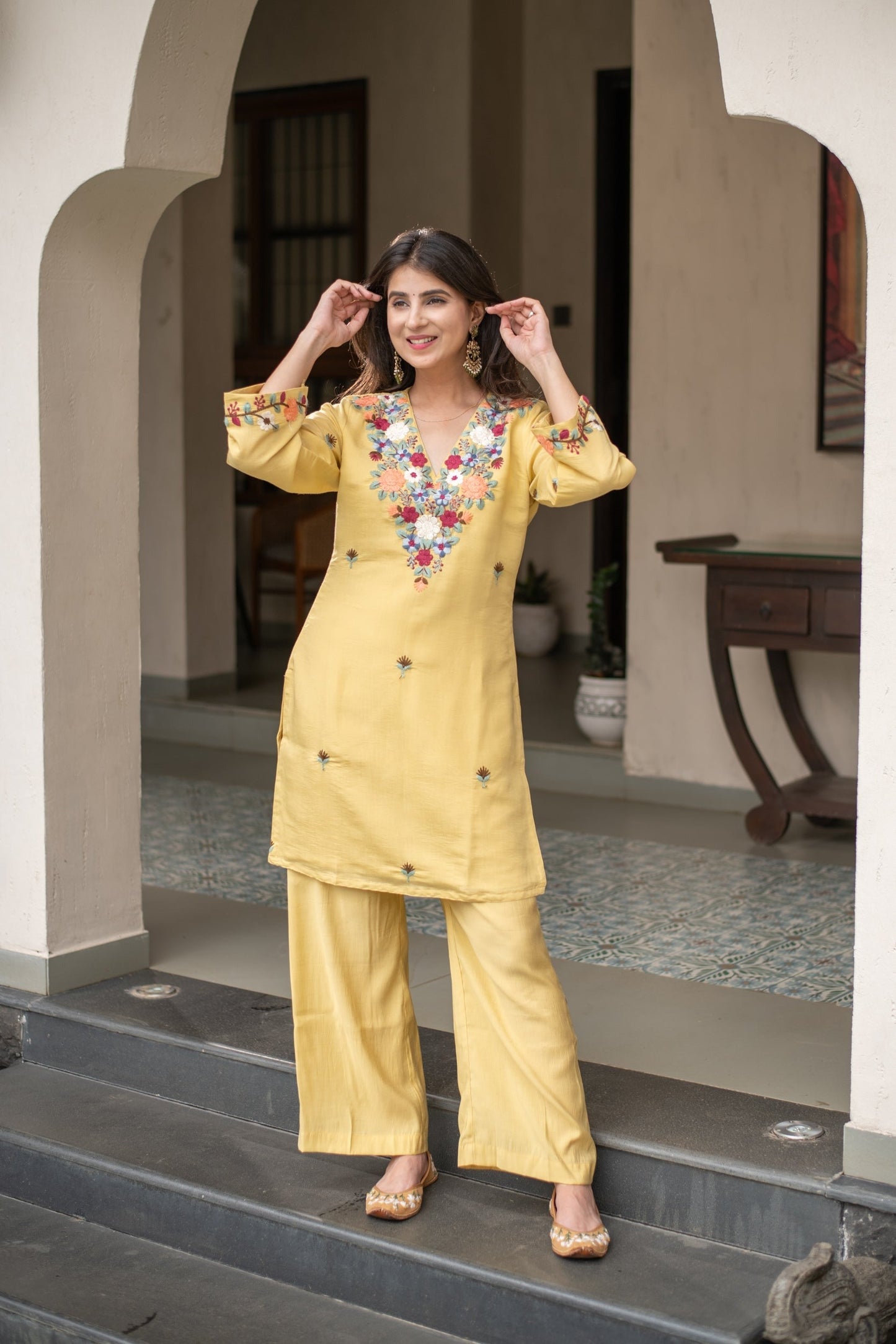 Yellow French Crepe Embroidered Kurti Set