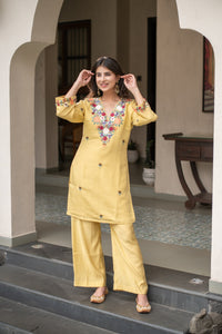 Yellow French Crepe Embroidered Kurti Set