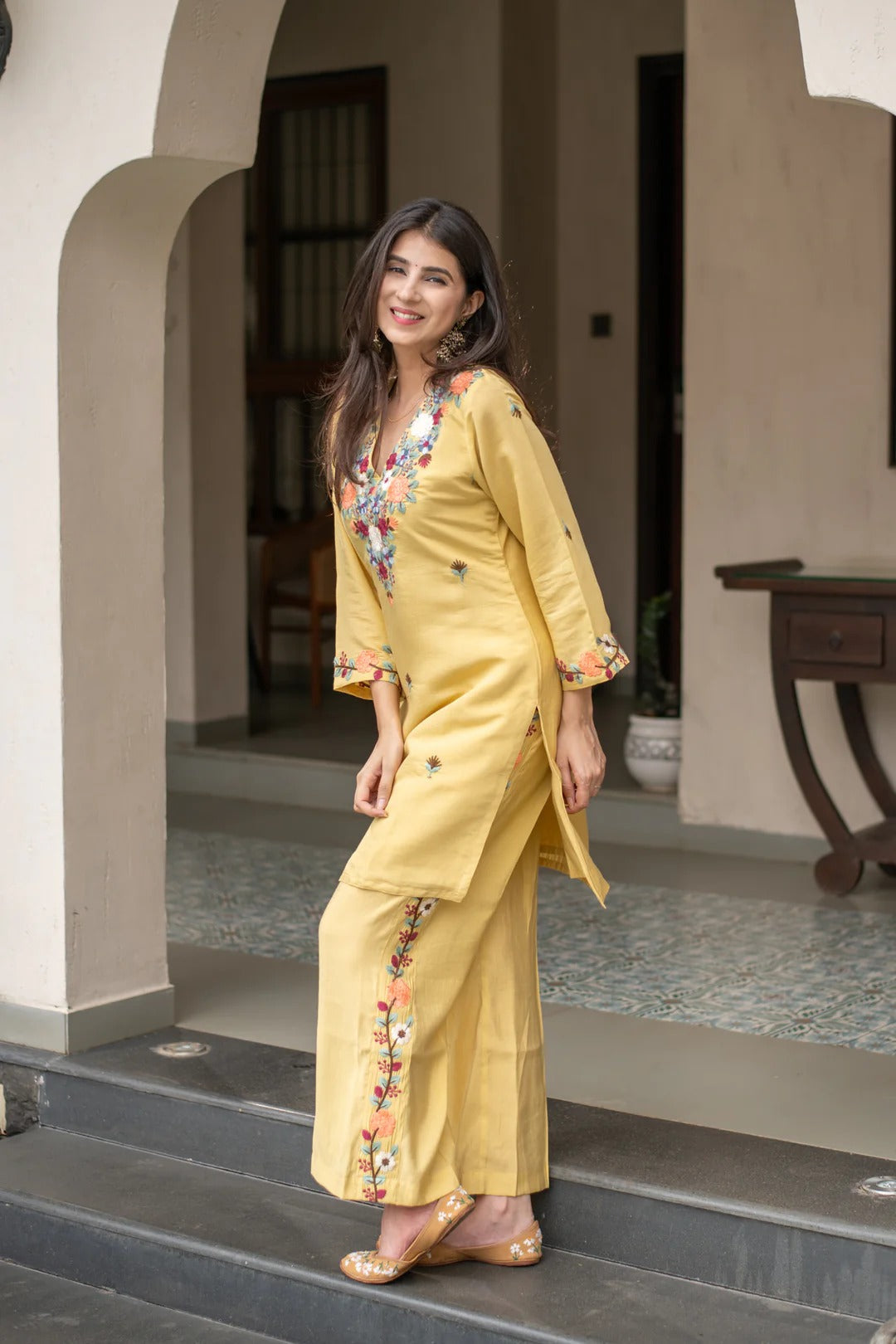 Yellow French Crepe Embroidered Kurti Set