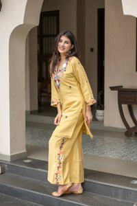 Yellow French Crepe Embroidered Kurti Set