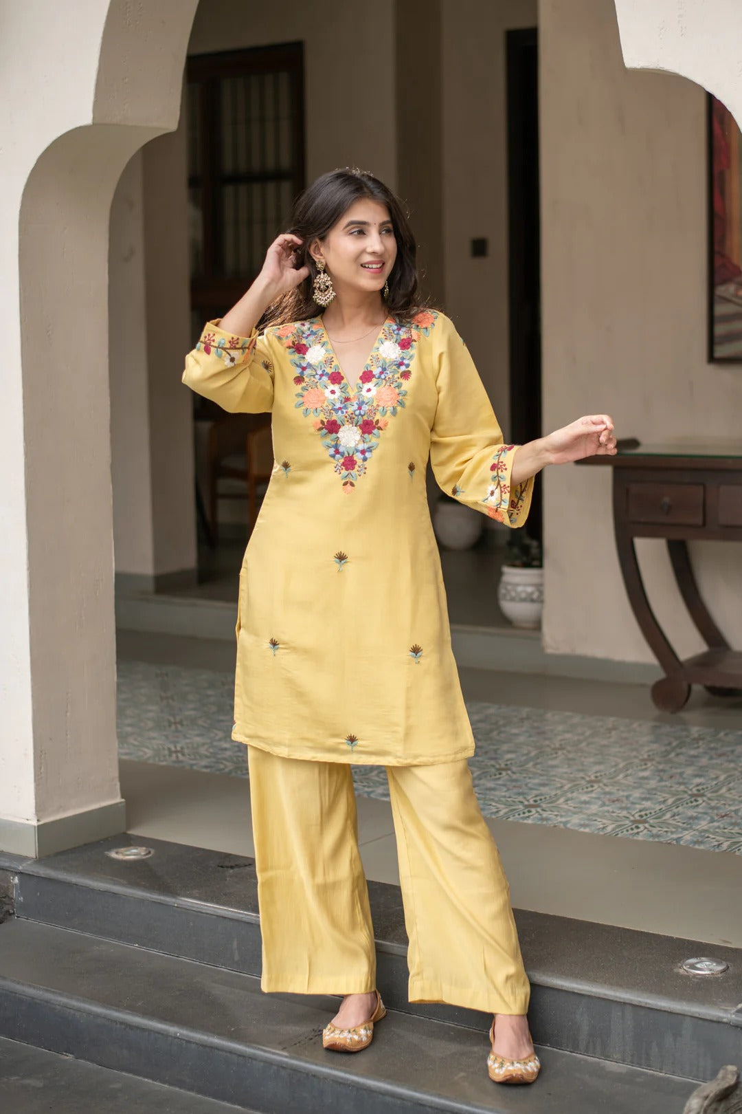 Yellow French Crepe Embroidered Kurti Set