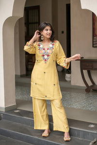 Yellow French Crepe Embroidered Kurti Set