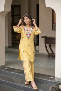 Yellow French Crepe Embroidered Kurti Set