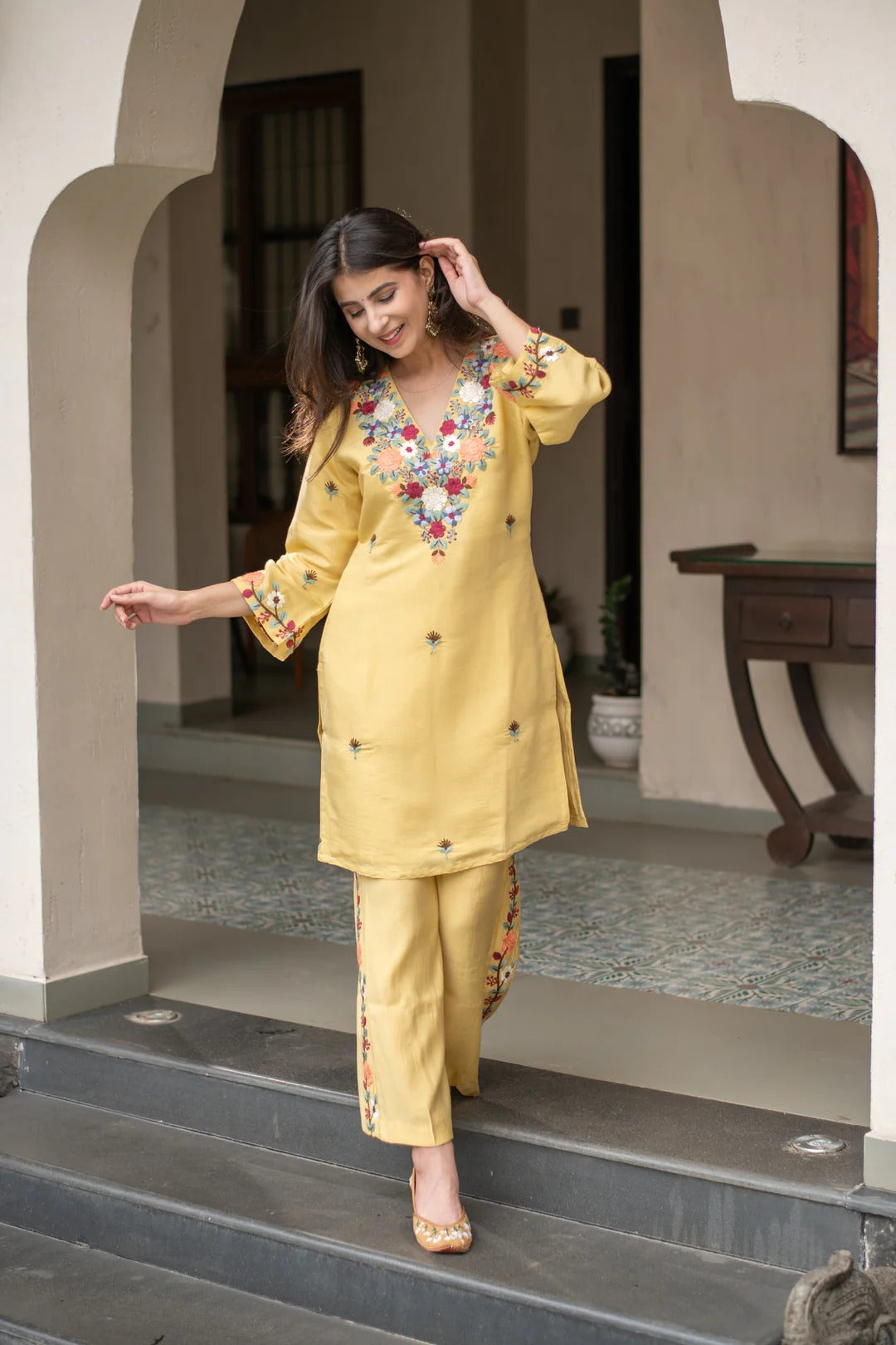 Yellow French Crepe Embroidered Kurti Set