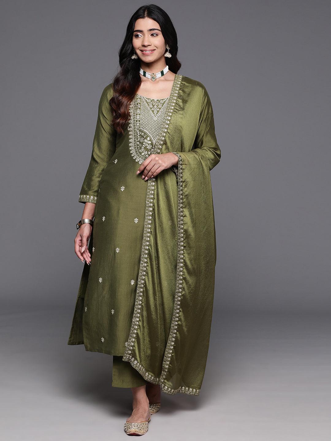 Olive Green Embroidered Chanderi Kurta Pant Set