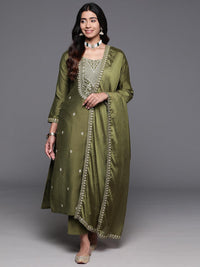 Olive Green Embroidered Chanderi Kurta Pant Set