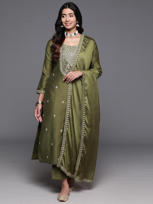 Olive Green Embroidered Chanderi Kurta Pant Set