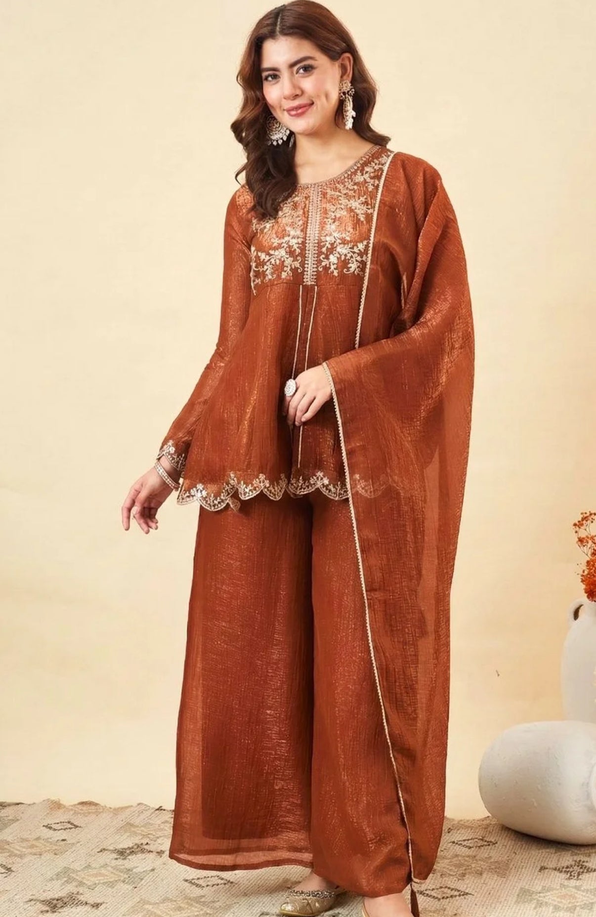 Orange Crunchy Silk Embroidered Palazzo Set