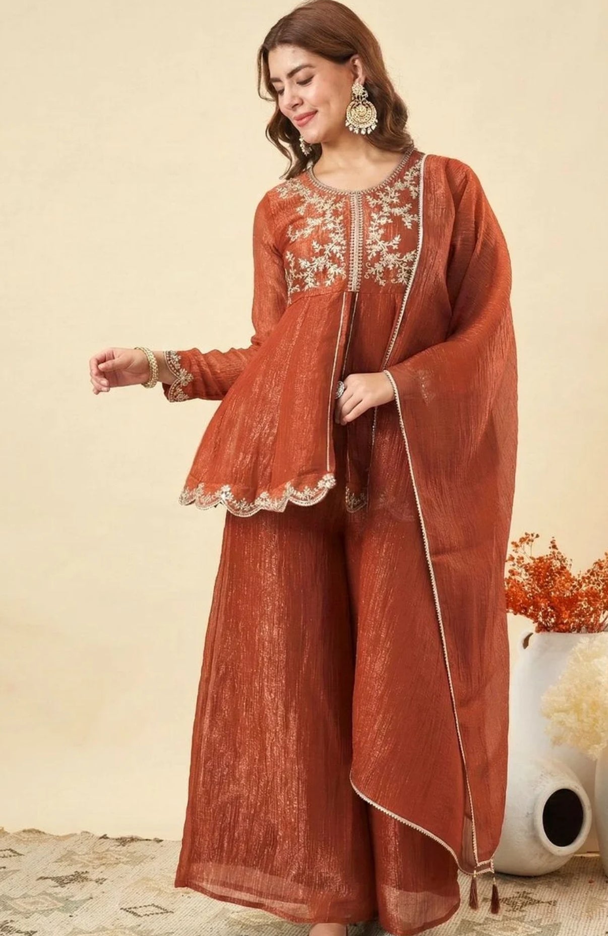 Orange Crunchy Silk Embroidered Palazzo Set