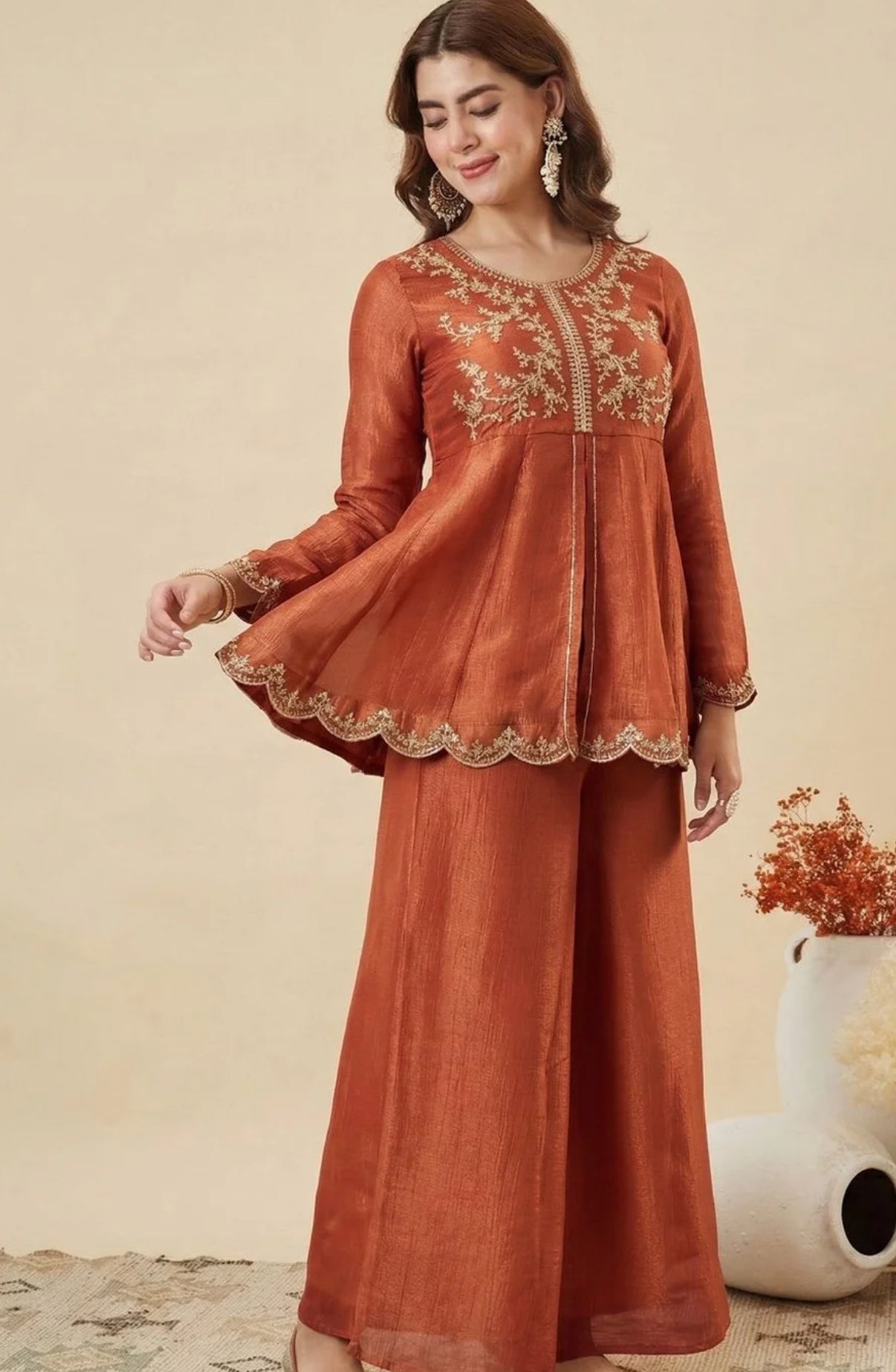 Orange Crunchy Silk Embroidered Palazzo Set