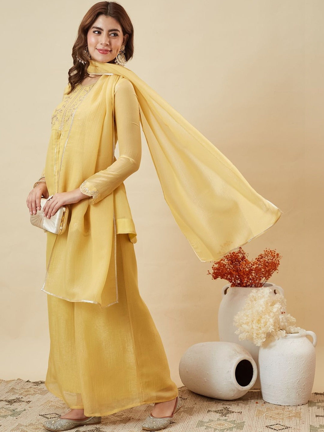 Yellow Crunchy Silk Embroidered Palazzo Set