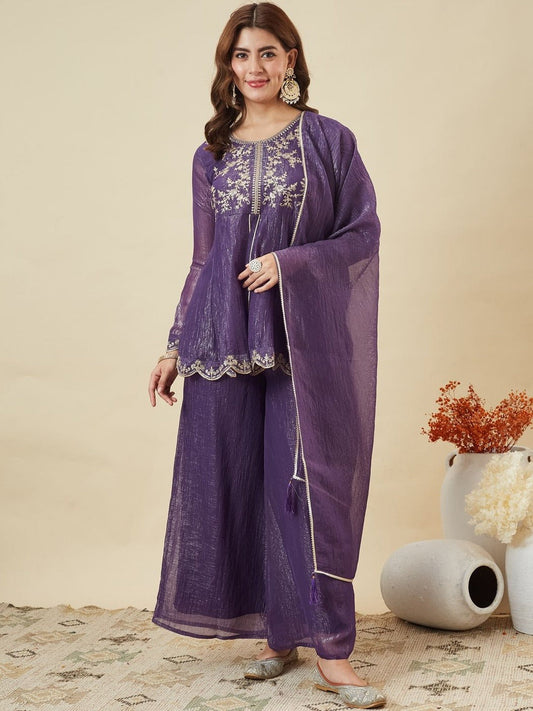 Purple Crunchy Silk Embroidered Palazzo Set