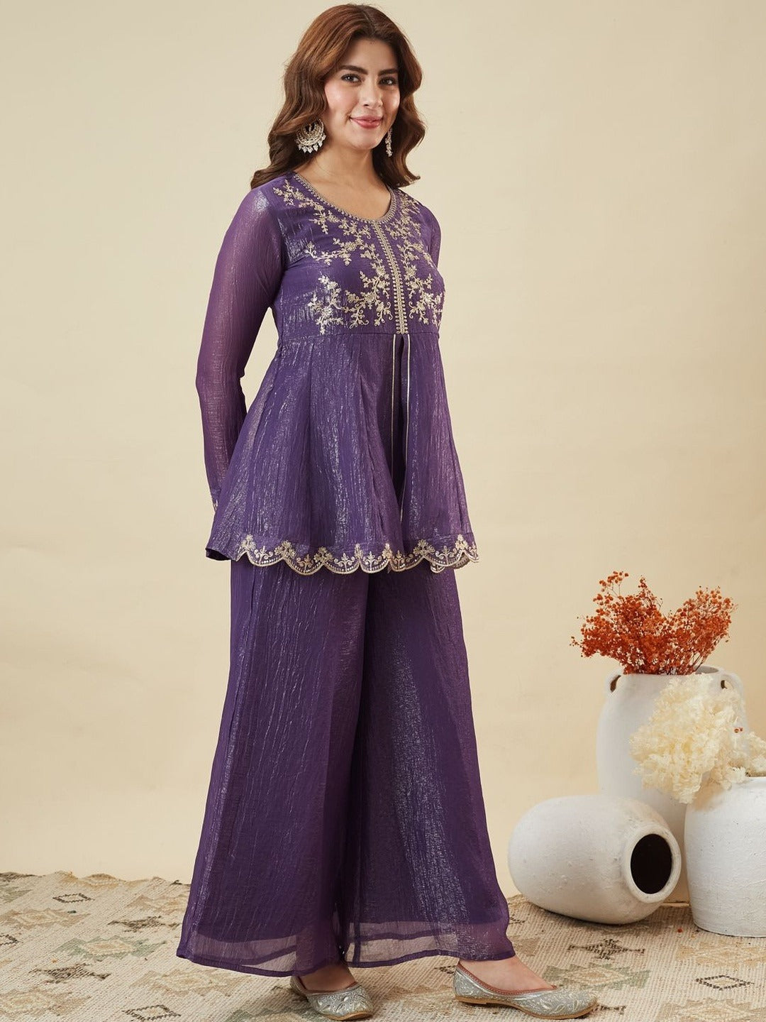 Purple Crunchy Silk Embroidered Palazzo Set