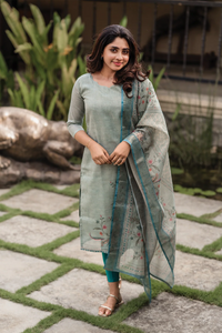 Pista Green Cotton Printed Kurti Set